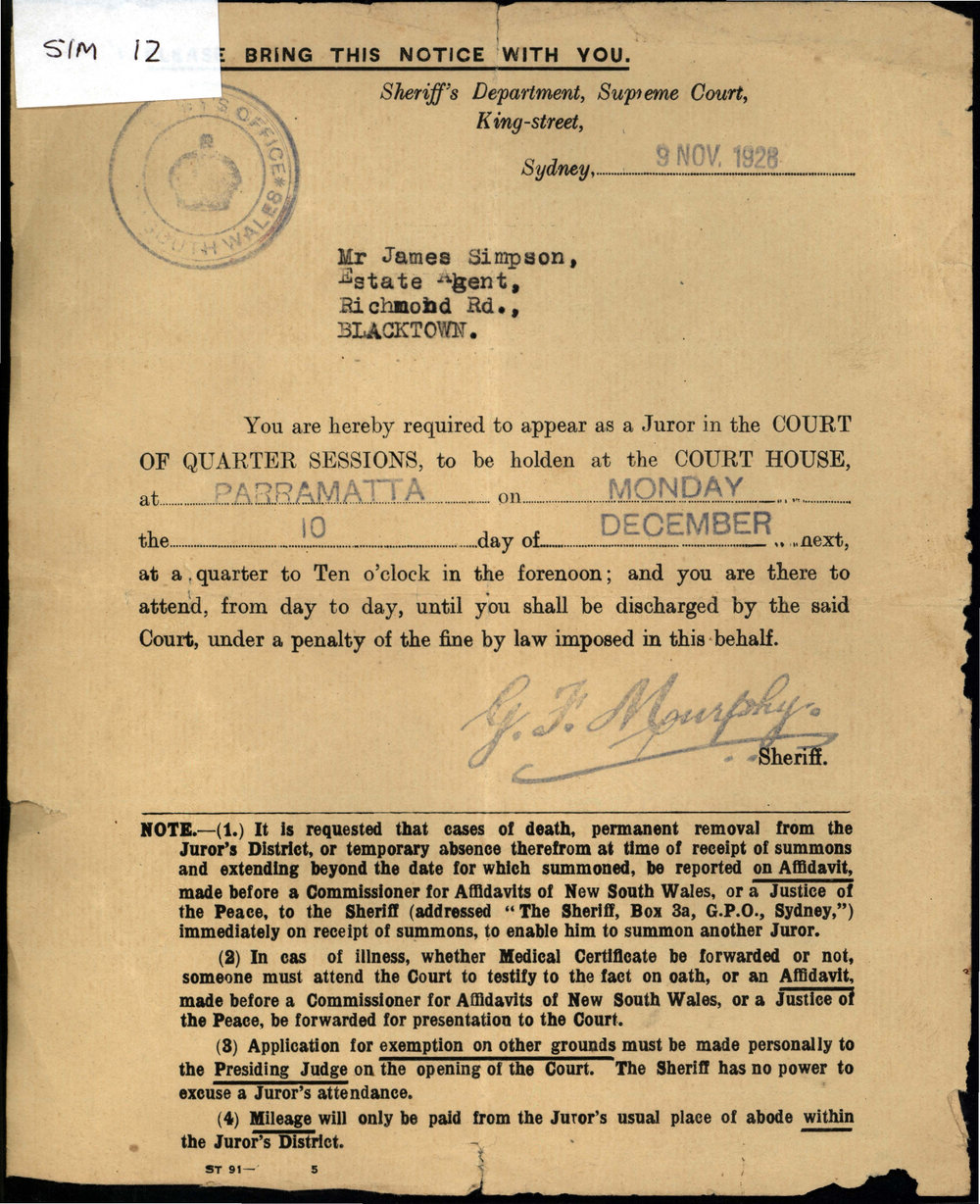 Jury Duty notice for James Simpson, 1928