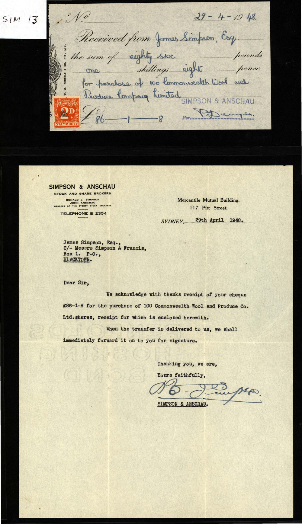Purchase of Shares in Commonwealth Wool and Produce Company Limited, 1948
