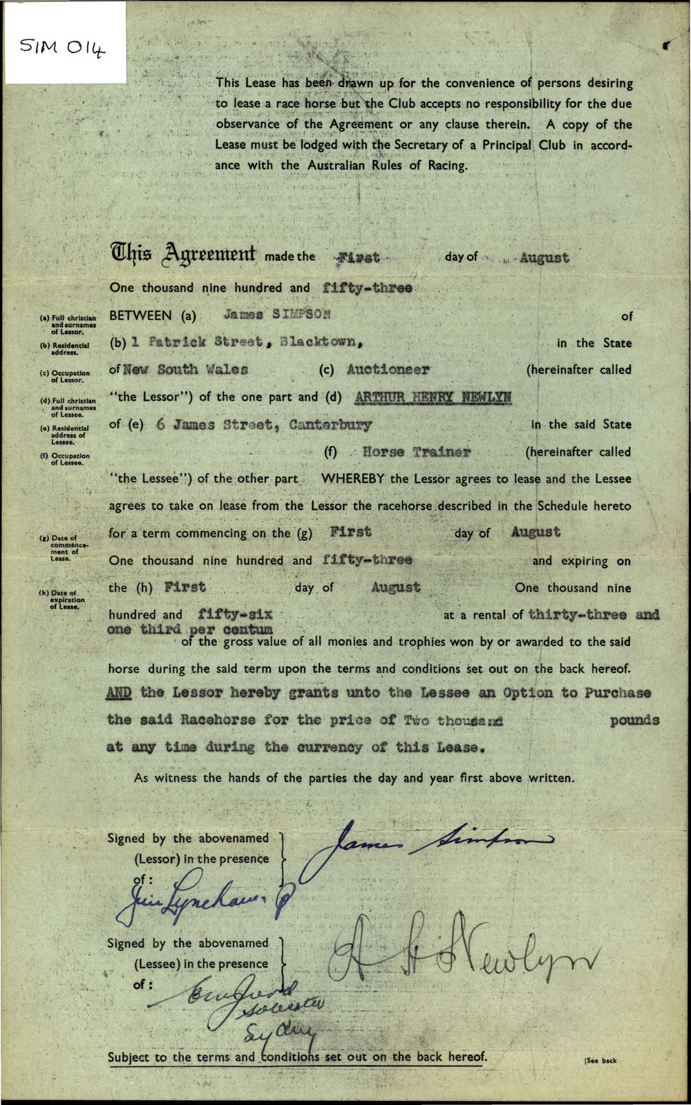 Lease of 'Overdale' (horse), 1953-1956