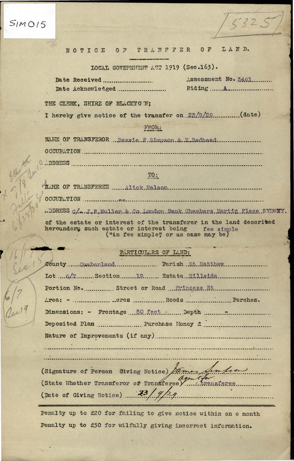 Notice of Transfer of Land, Parish of St Matthew, County of Cumberland, September1929