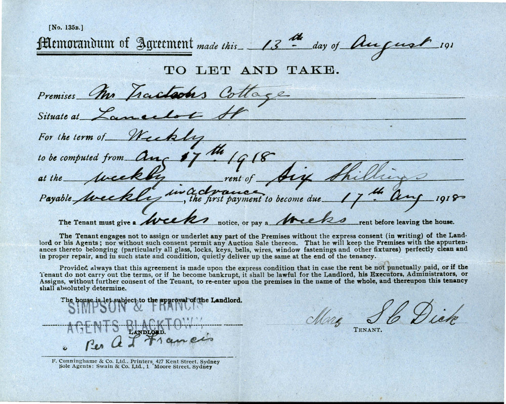 Memorandum of Agreement to let Trackson's Cottage Lancelot Street, Blacktown, 1918