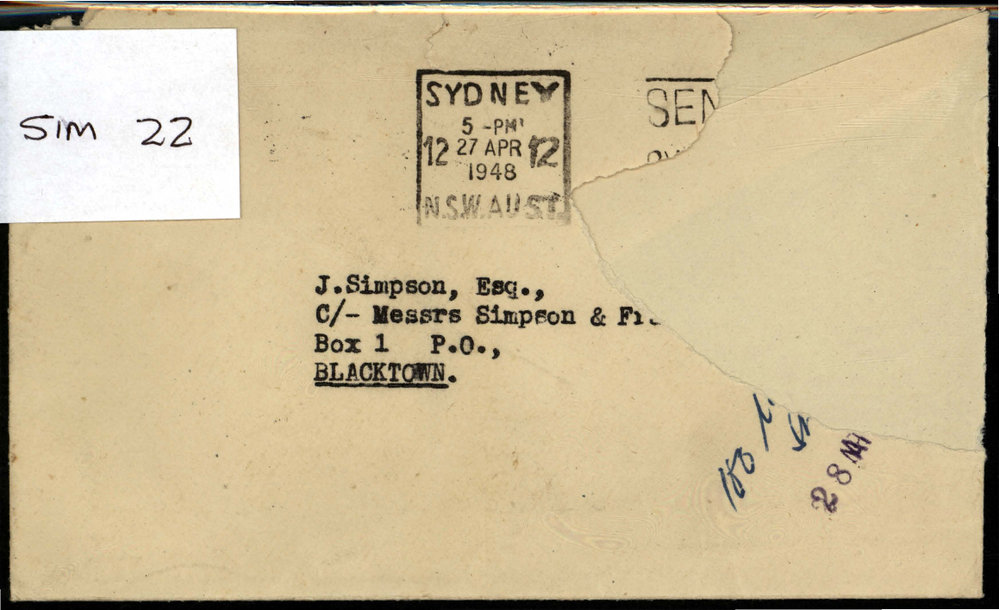 Envelope addressed to James Simpson Esq., 1948
