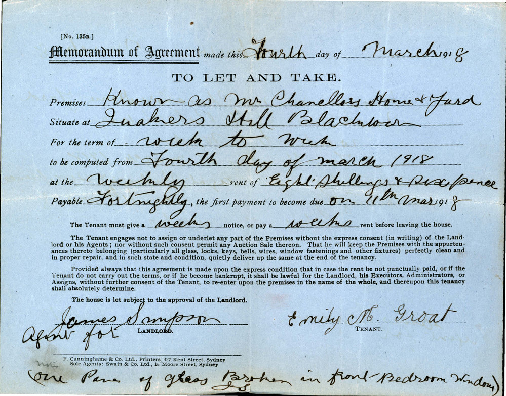 Rental agreement Mr Chancellor's Home and Yard, 1918