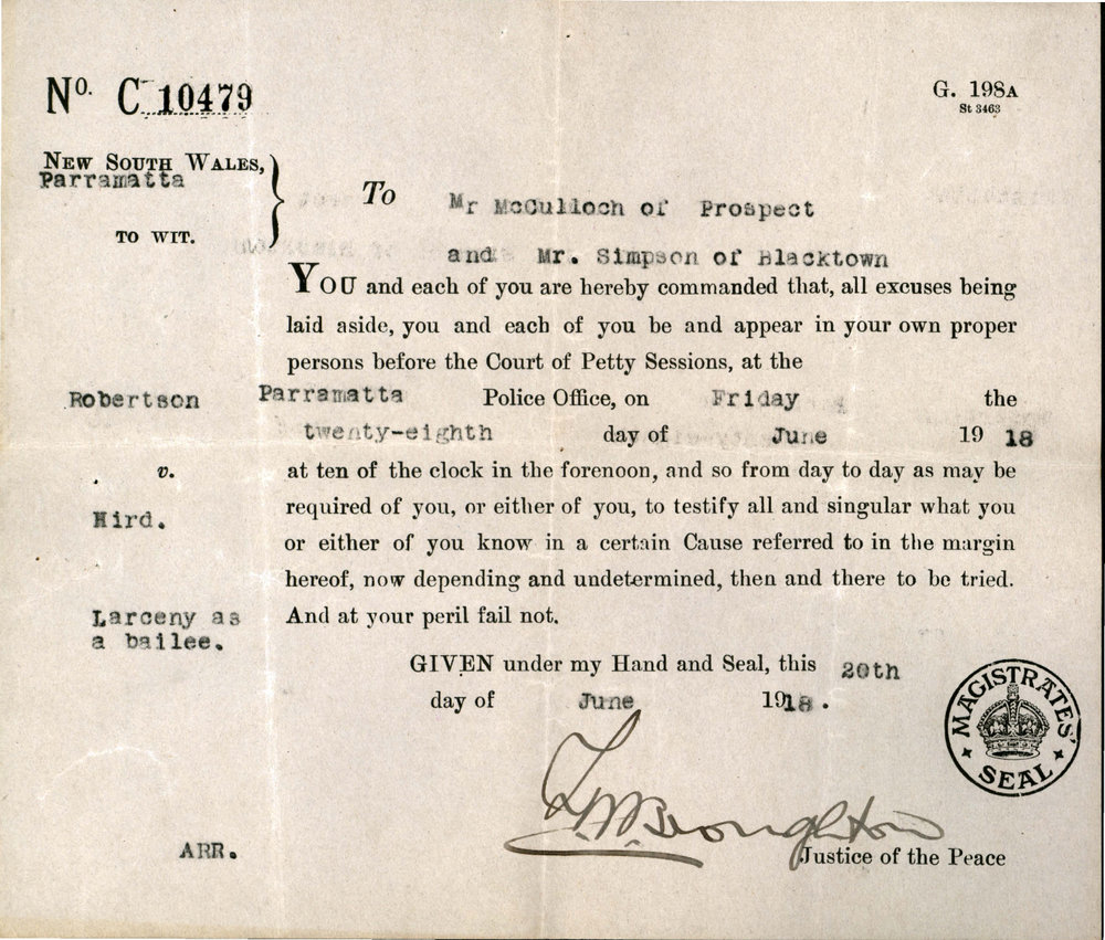 Robertson vs Hird Legal Action, 1918