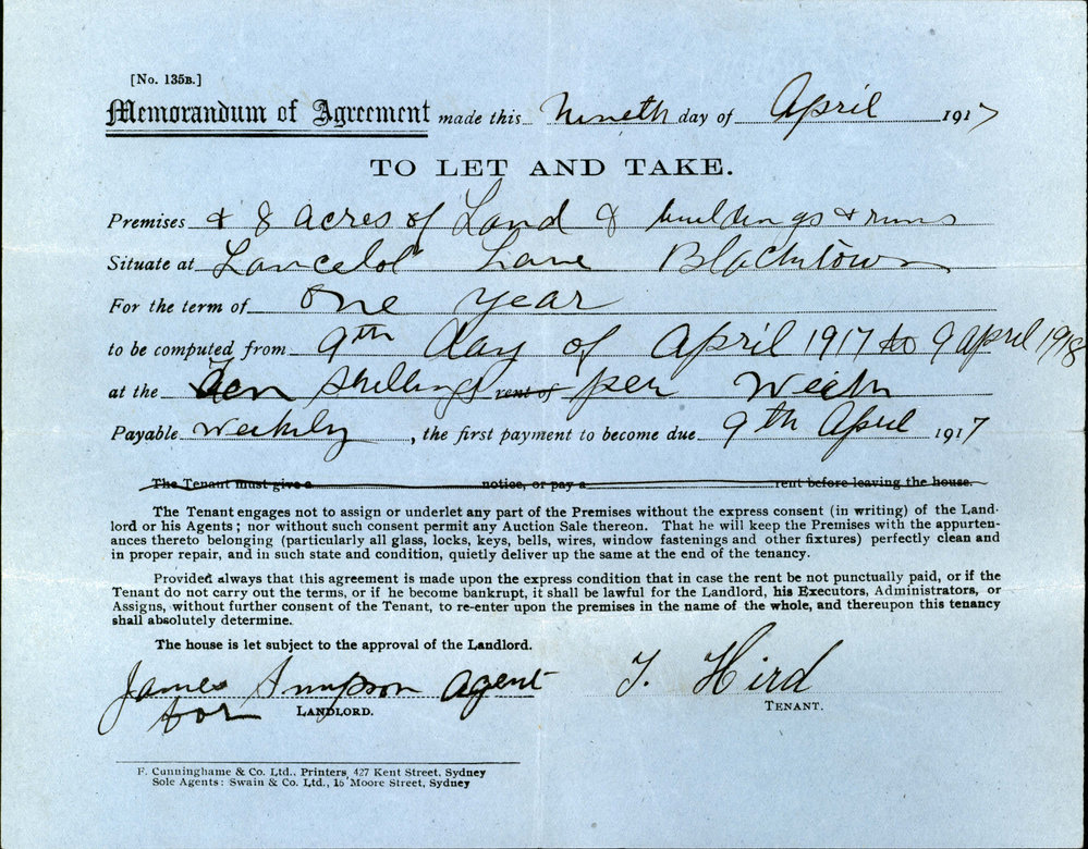 Memorandum of Agreement to let 8 acres of Land, Lancelot Lane, Blacktown, 1917