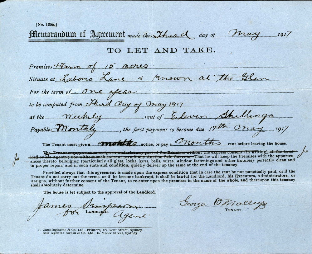 Memorandum of Agreement to let Farm of 15 Acres, Leabons Lane, Blacktown, 1917
