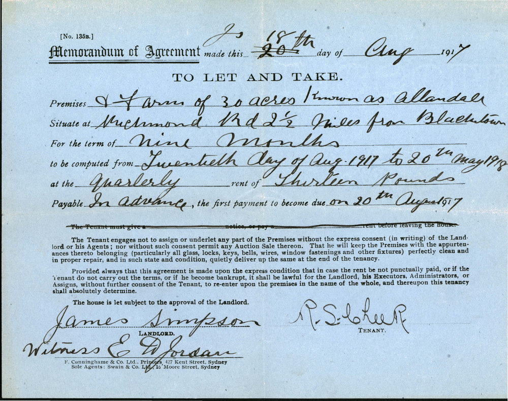 Memorandum of Agreement to let Allandale Farm, Richmond Road, 1917