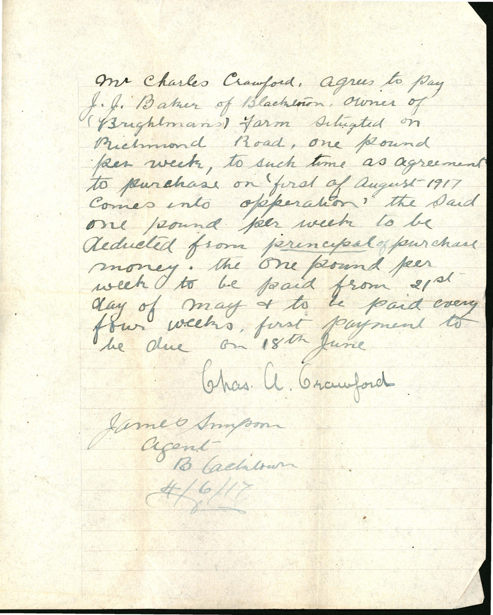 Purchase of Brightman's Farm, Richmond Road, Blacktown, 1917