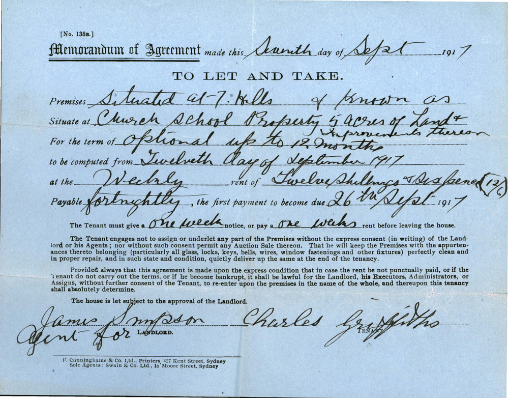 Memorandum of Agreement to let the Church School Property, Seven Hills, 1917