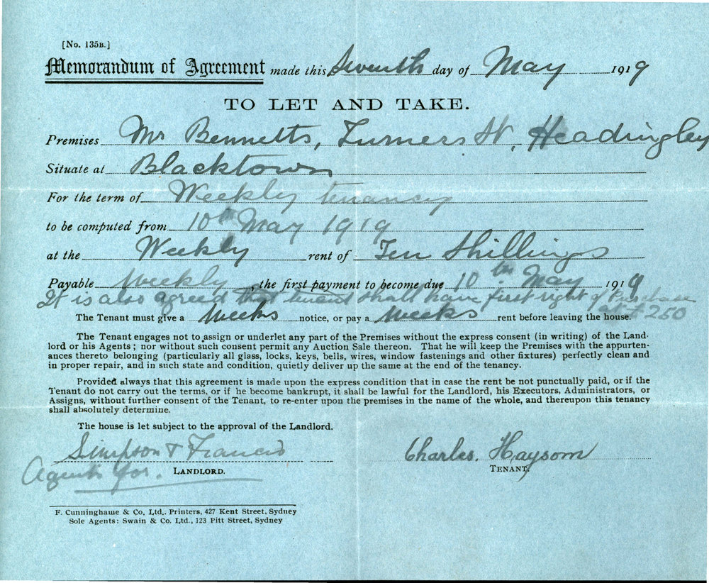 Memorandum of Agreement to let a House at Turners Street Headingly, 1919