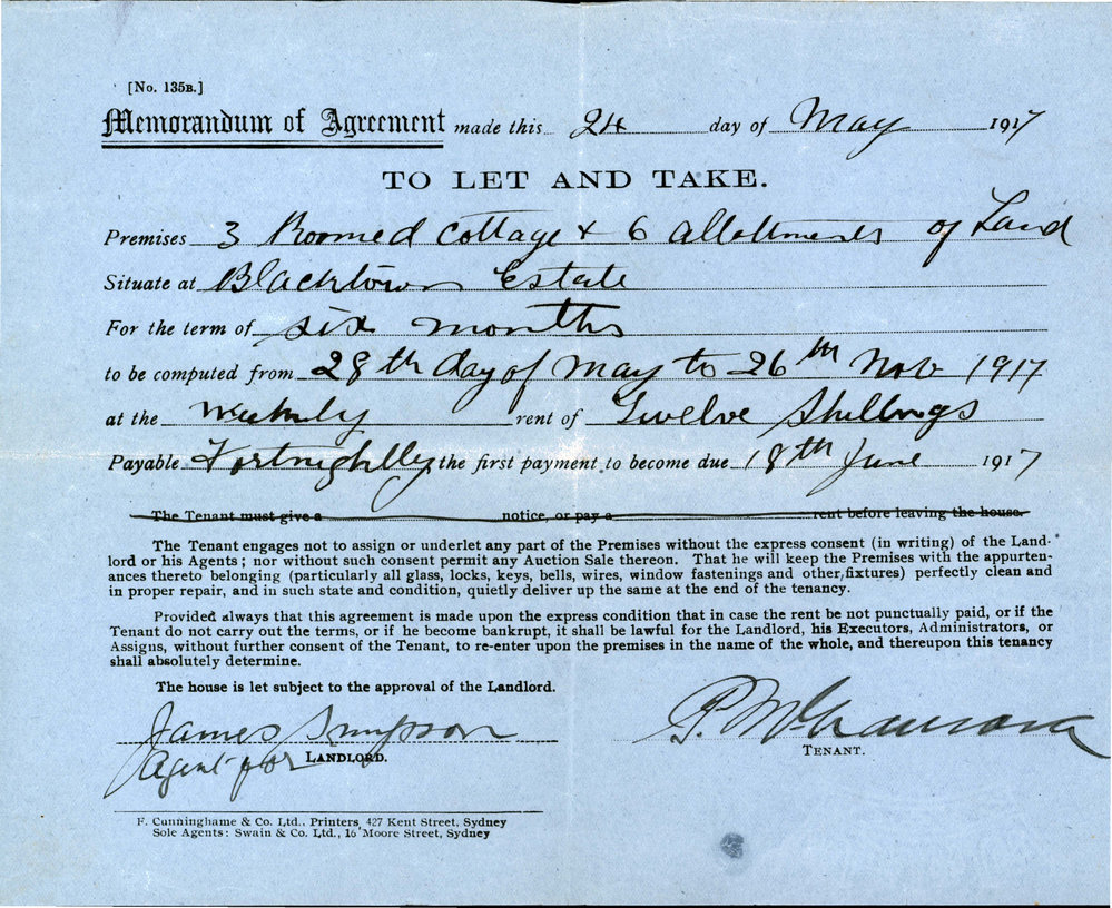 Memorandum of Agreement to let cottage and 6 allotments, Blacktown Estate, 1917