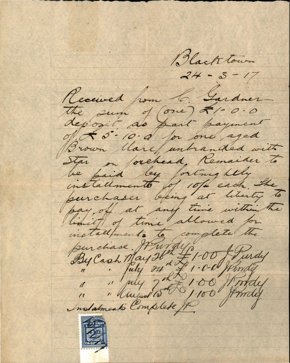 Deposit/Part Payment of an Aged Brown Mare, 1917