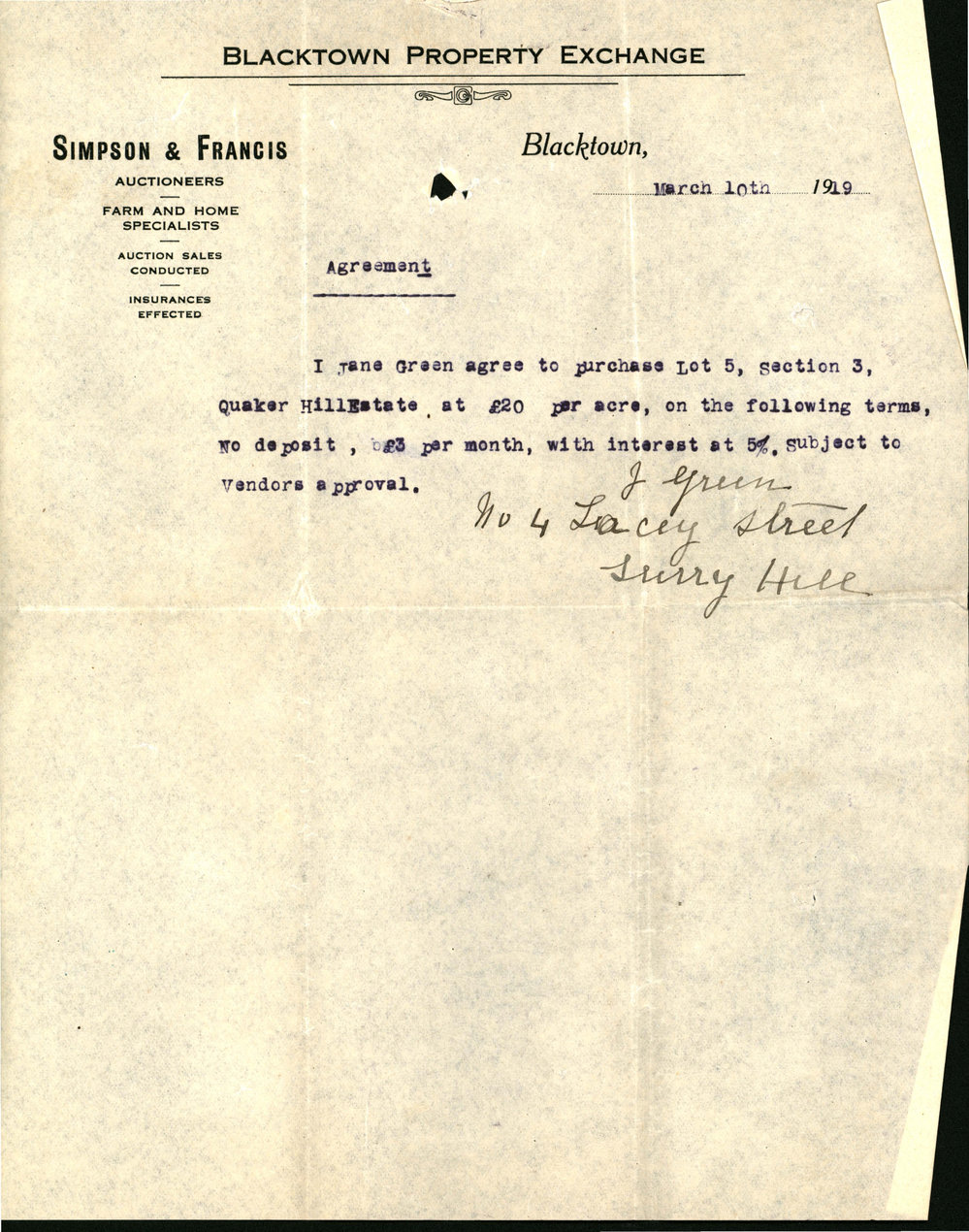 Agreement to Purchase land Quakers Hill Estate, 1919