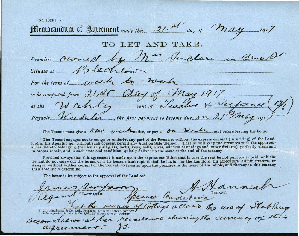 Memorandum of Agreement to let a House at Bruce Street, Blacktown, 1917