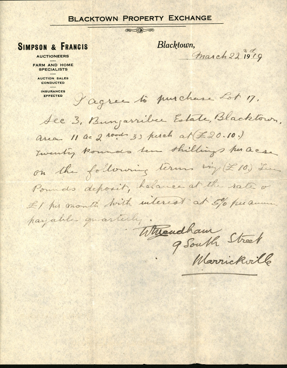 Agreement to purchase Lot 17, Sec 3, Bungarribee Estate, Blacktown