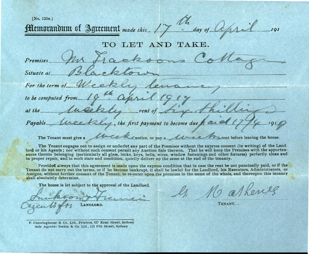 Memorandum of Agreement to let Mr Jackson's Cottage, Blacktown, 1919