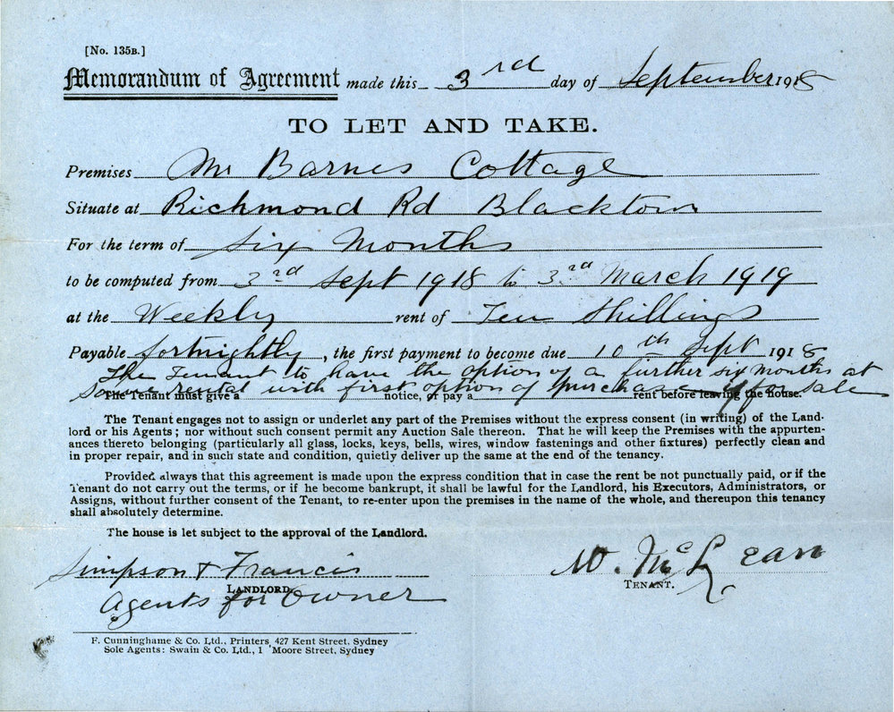 Memorandum of Agreement to let Mr Barnes Cottage, 1918