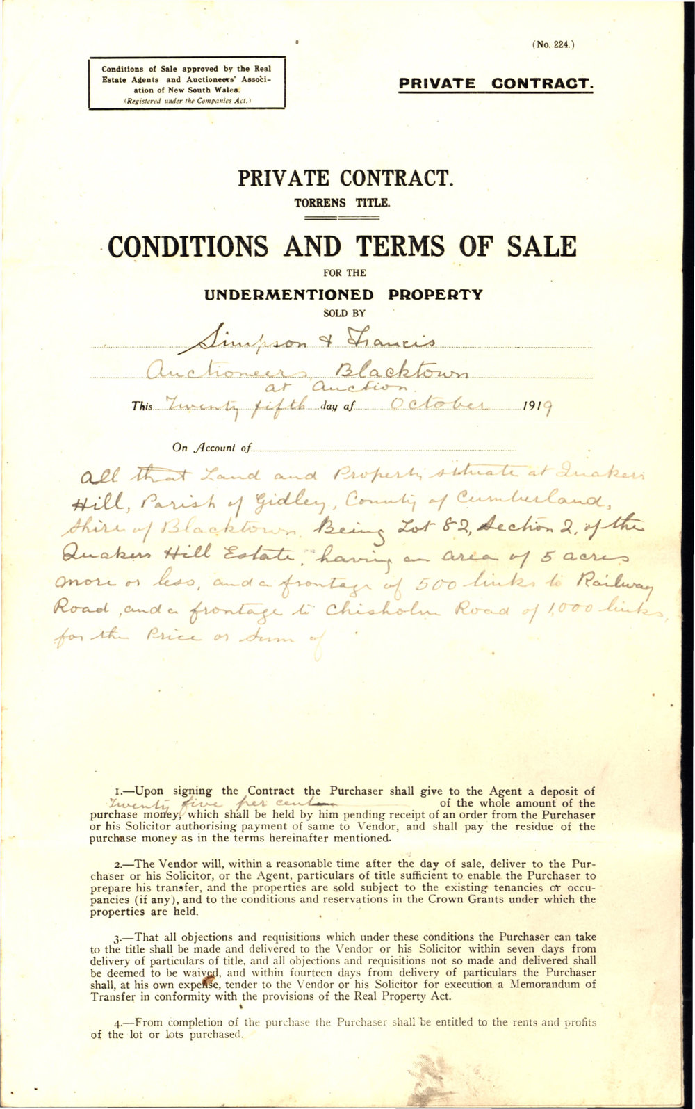 Conditions and Terms of Sale, Lot 82, Section 2, Quakers Hill Estate, Quakers Hill, 1919