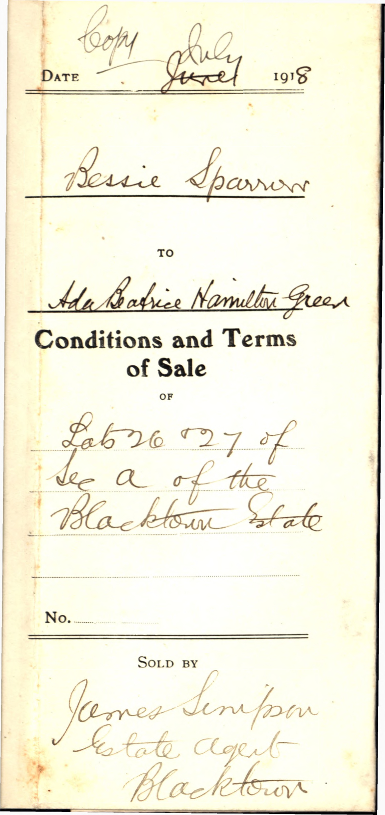 Copy Conditions and Terms of Sale, Lots 26 and 27, Section A, Blacktown Estate, 1918