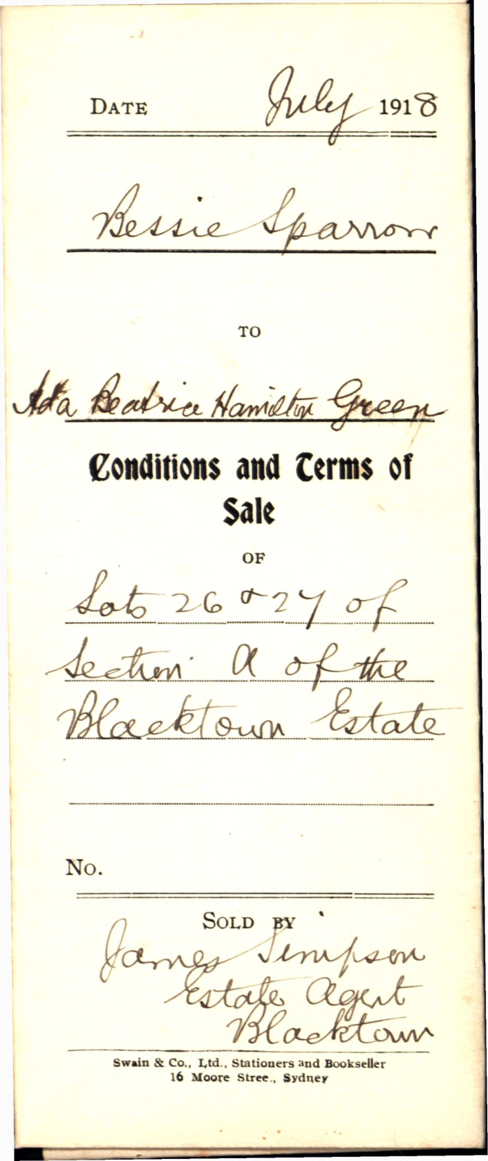 Conditions and Terms of Sale, Lots 26 and 27, Section A, Blacktown Estate, 1918