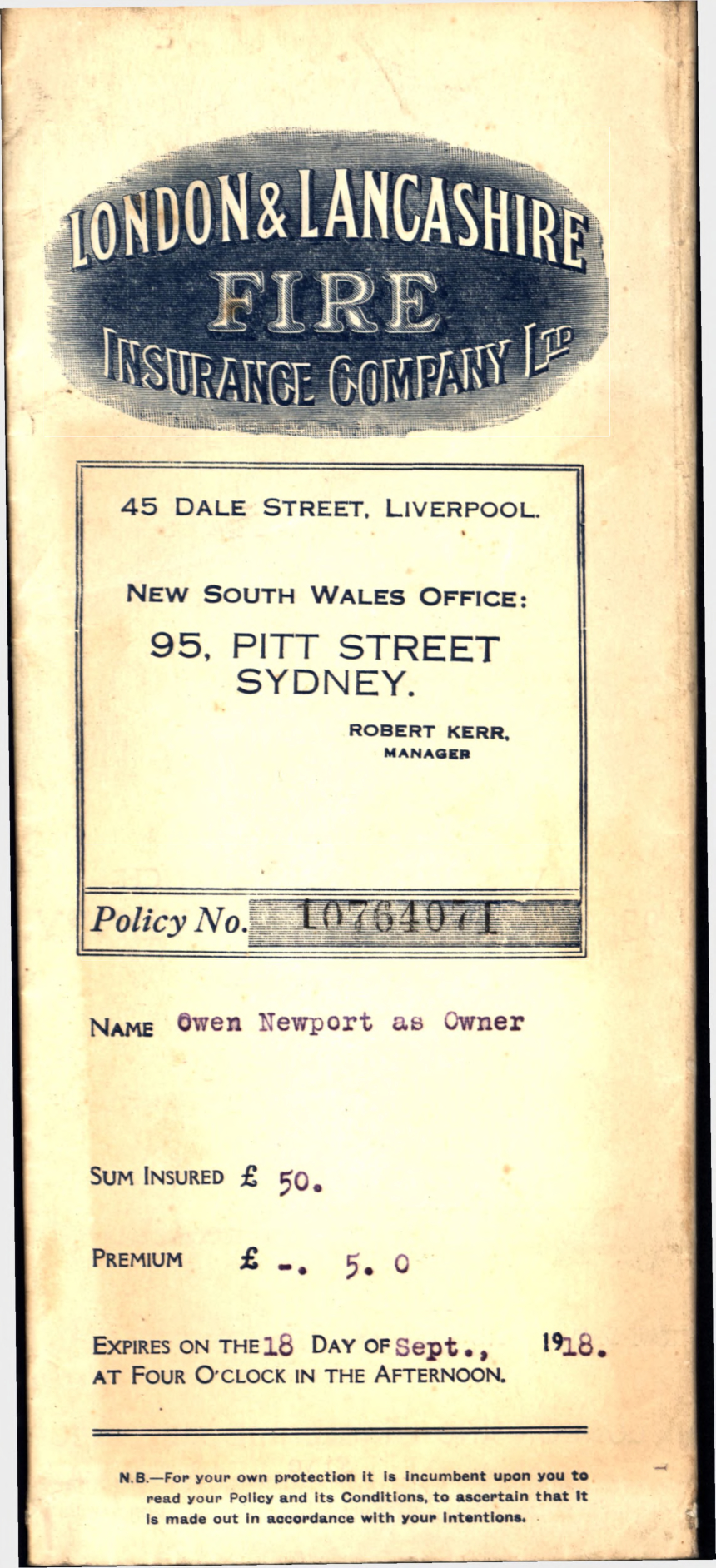 Insurance Policy, Richmond Road, Blacktown, 1917