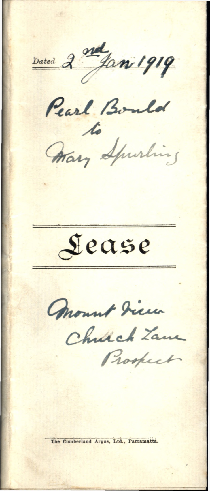 Lease of 'Mount View' Church Lane, Prospect, 1919