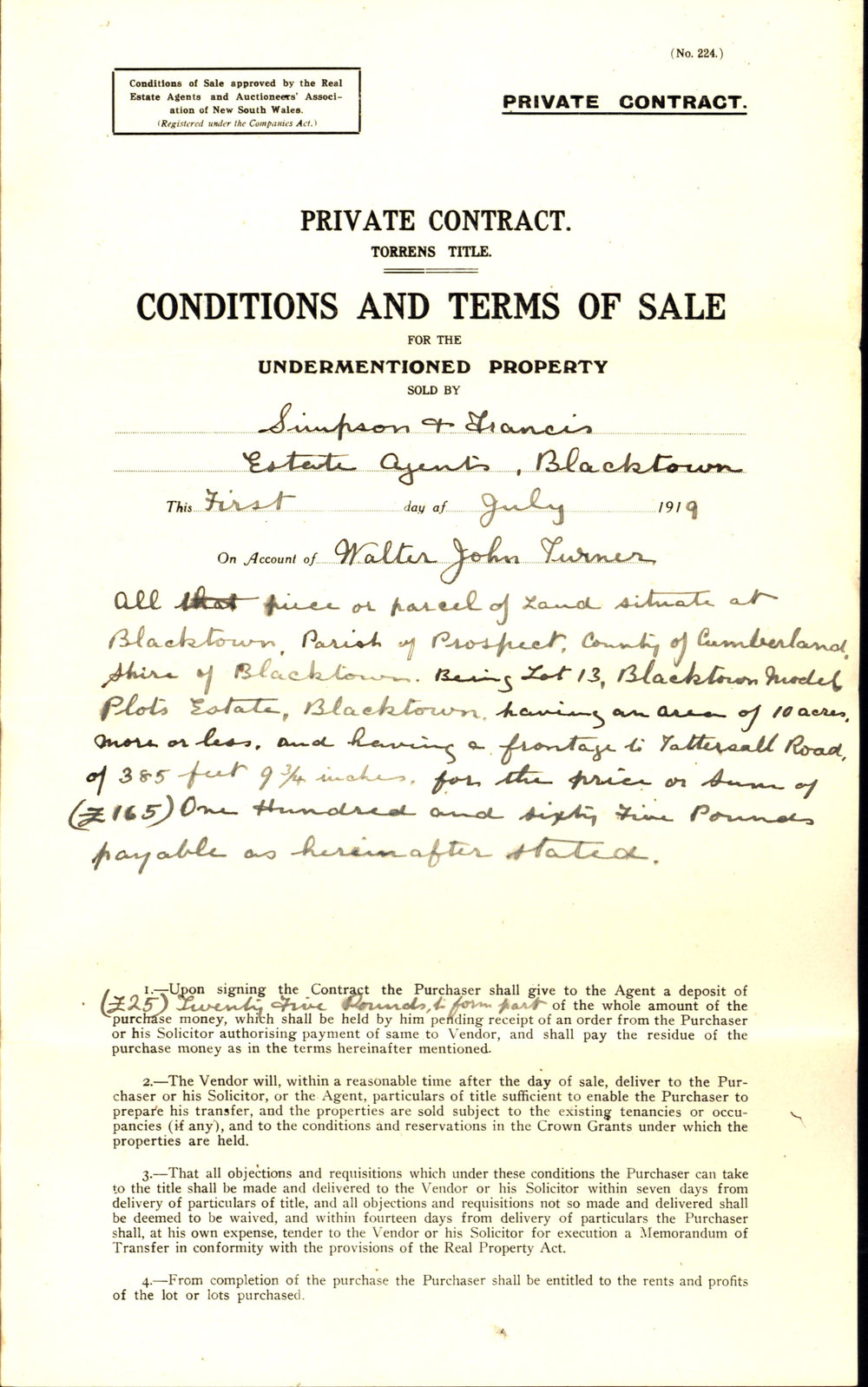Conditions and Terms of Sale Lot 13, Model Plots Estate, Blacktown, 1919