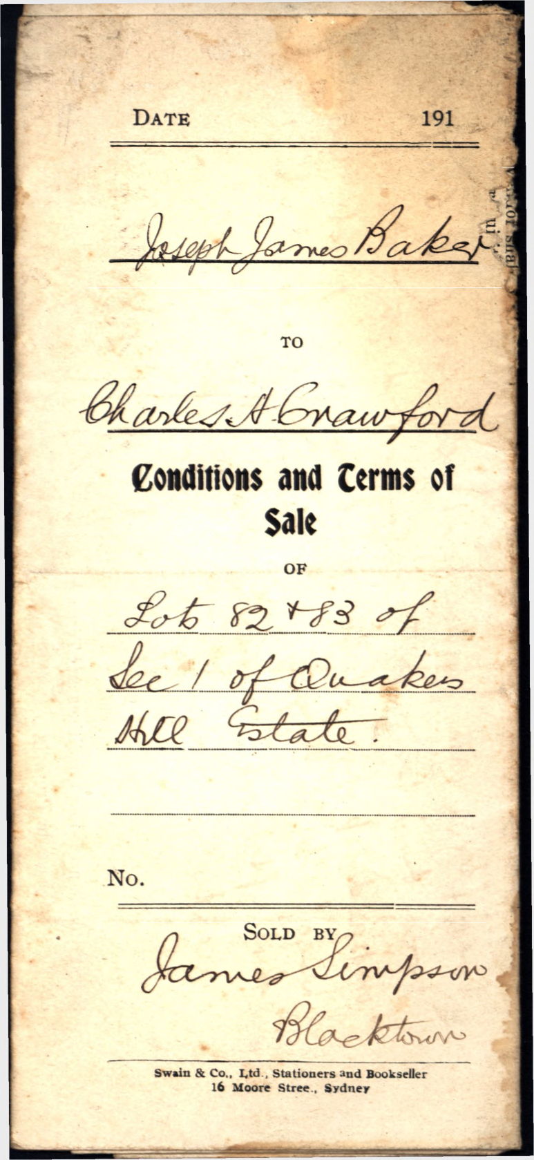 Conditions and Terms of Sale, Lots 82 and 83, Section 1, Quakers Hill estate, Quakers Hill, 1917