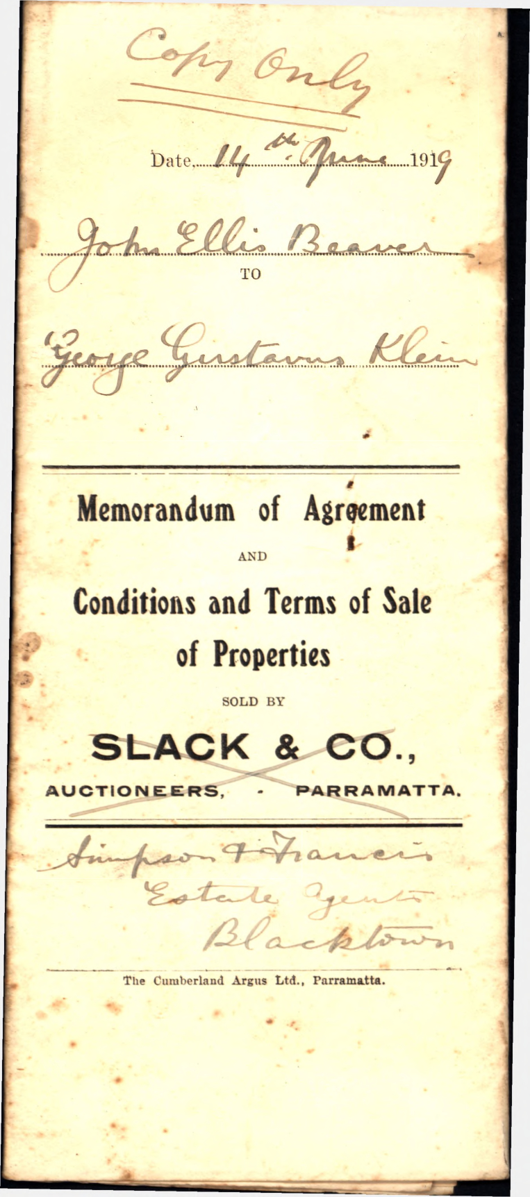 Conditions and Terms of Sale, Lot 10 Larbert Manes Estate, Blacktown