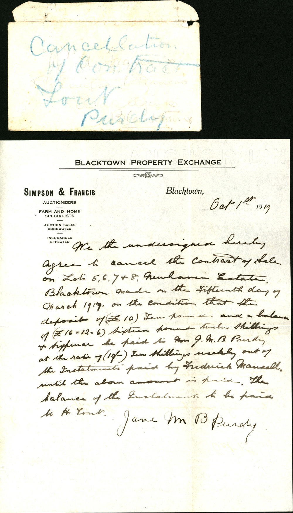 Cancellation of Contract for Lots 5, 6, 7 &amp; 8, Newhaven Estate, Blacktown, 1919