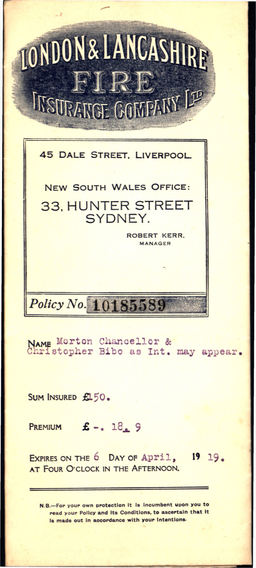 Insurance Policy, Lot 31, Eastern Road, Quakers Hill, 1918