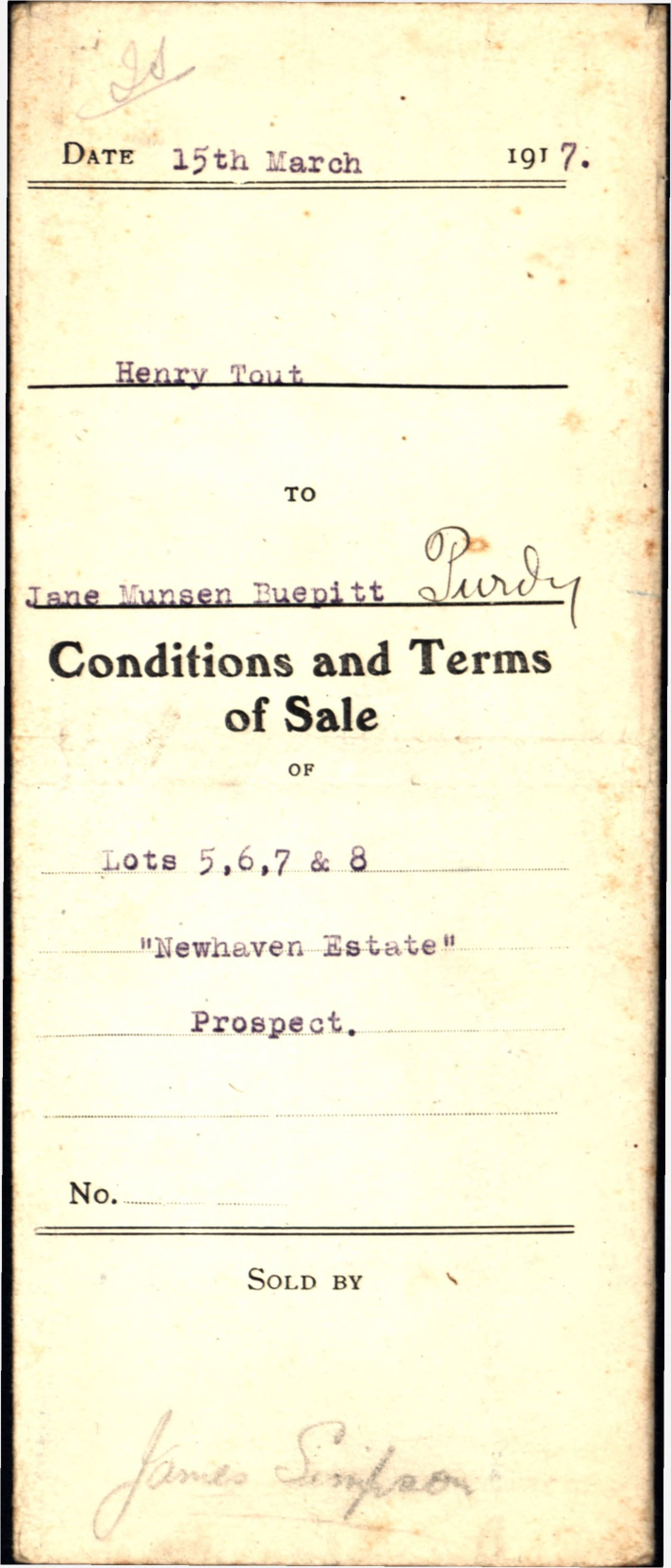 Conditions and Terms of Sale, Lots 5, 6, 7 and 8 Newhaven Estate, Prospect, 1917