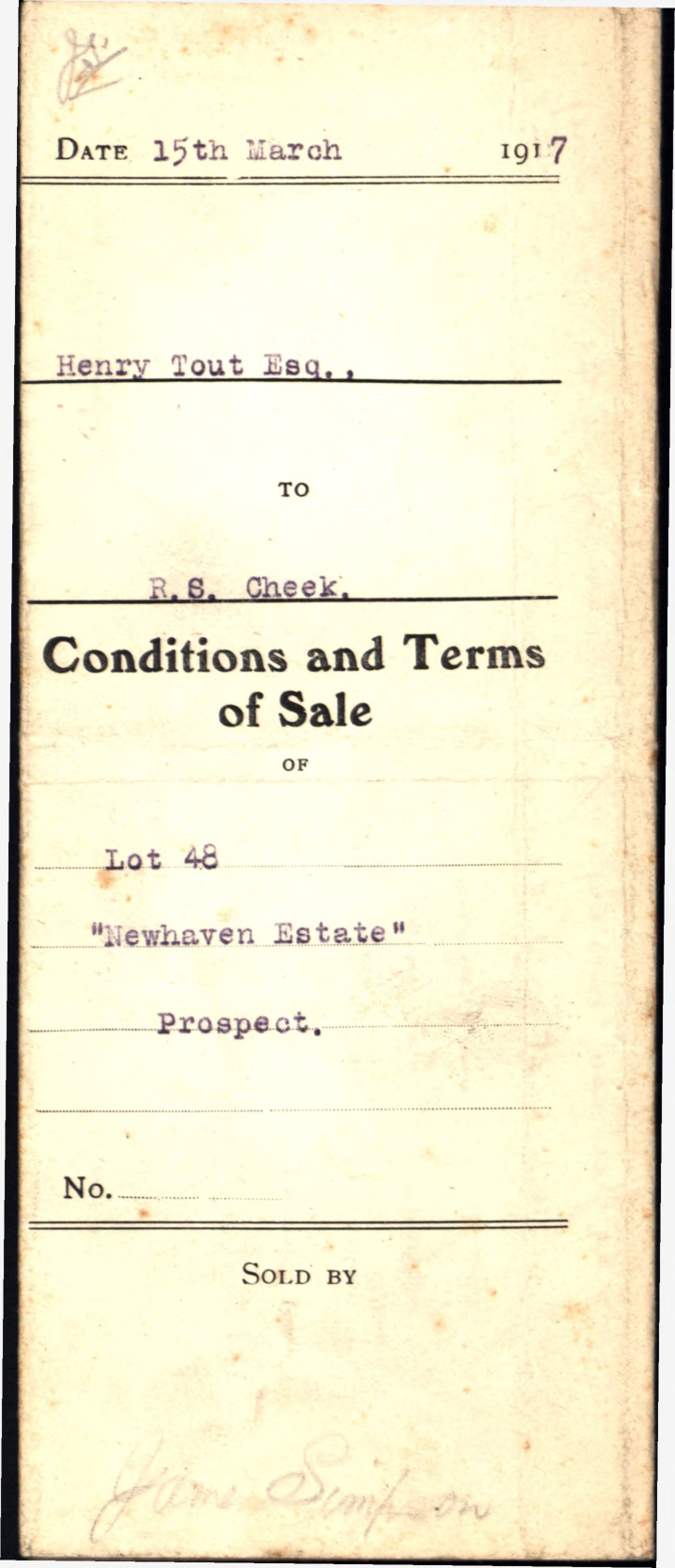 Conditions and Terms of Sale, Lot 48 Newhaven Estate, Prospect, 1917