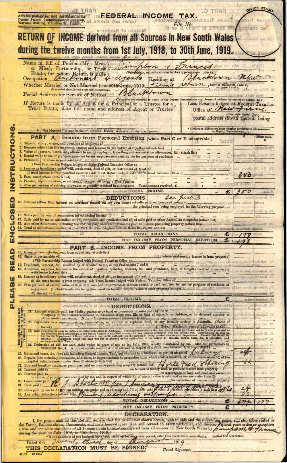 Income Tax Return form - Simpson &amp; Francis, Blacktown