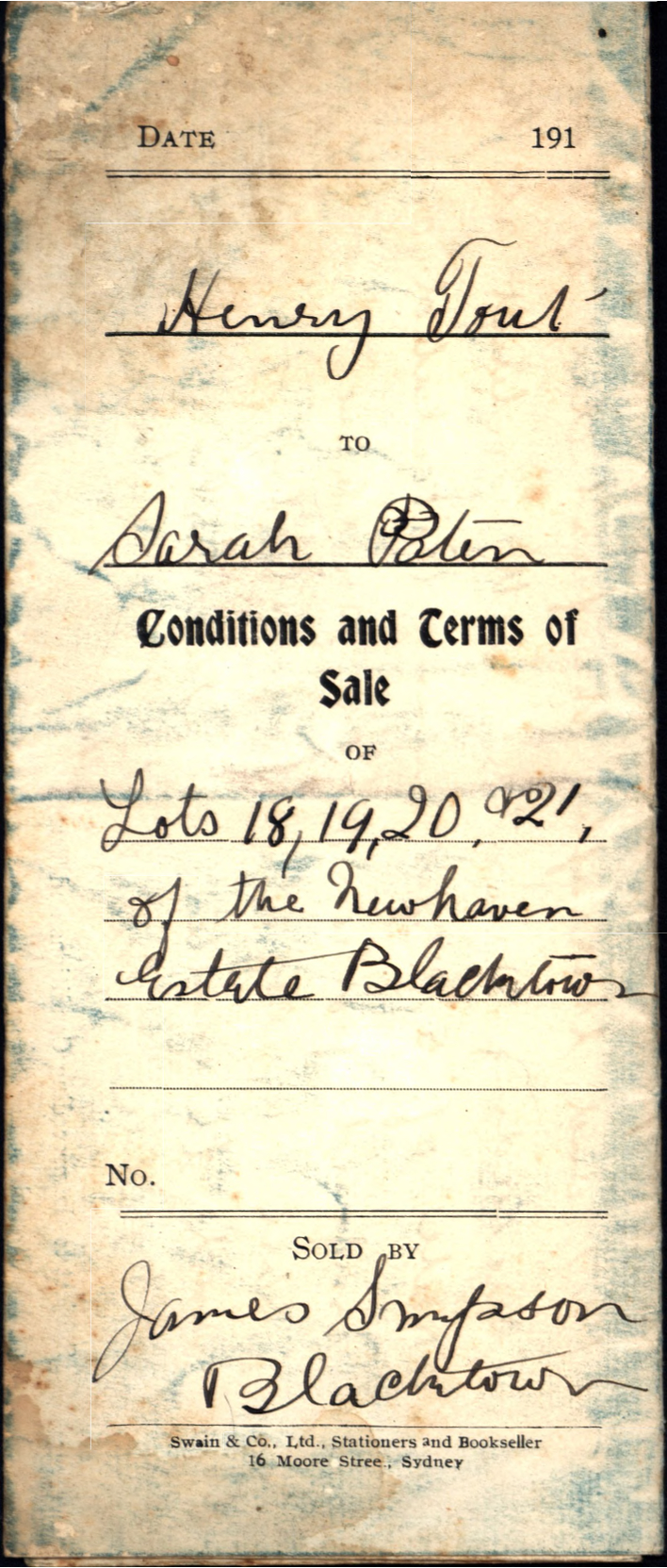 Conditions and Terms of Sale, Lots 18, 19, 20 and 21 Newhaven Estate, Blacktown, 1917