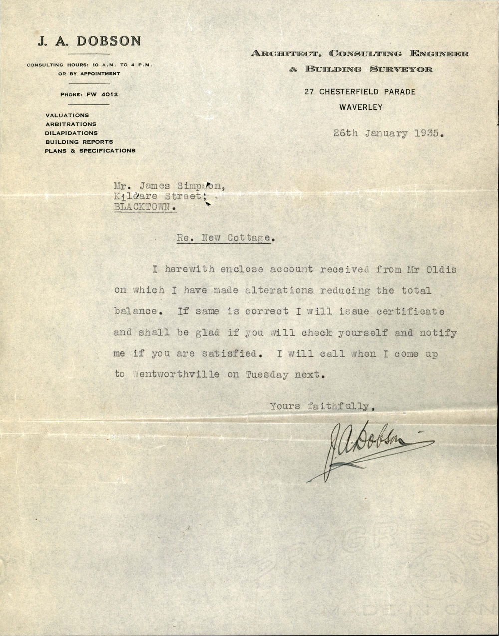 Construction of Cottage for James Simpson, 1935