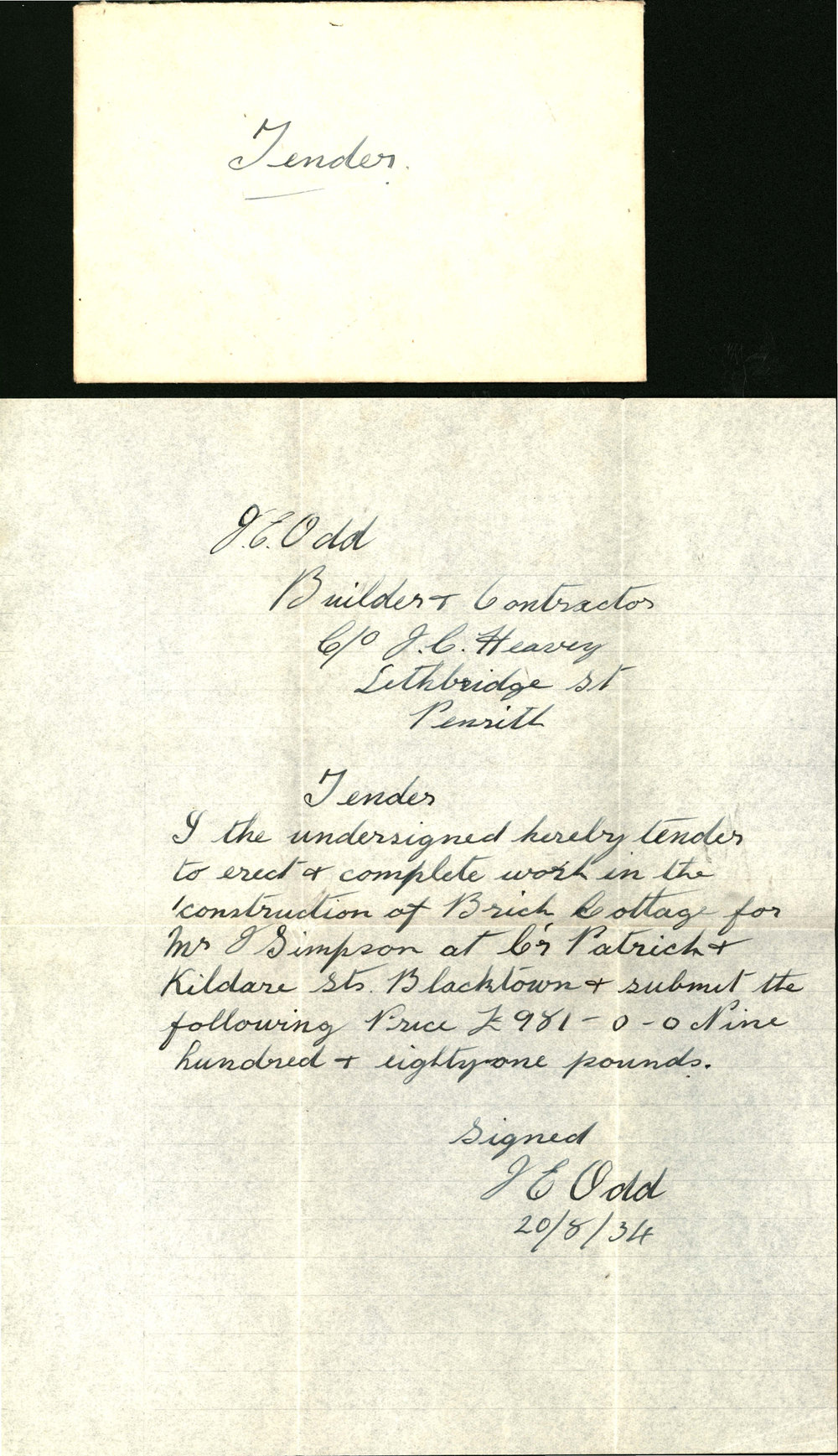 Tenders for Construction of a Brick Cottage, Blacktown, 1934