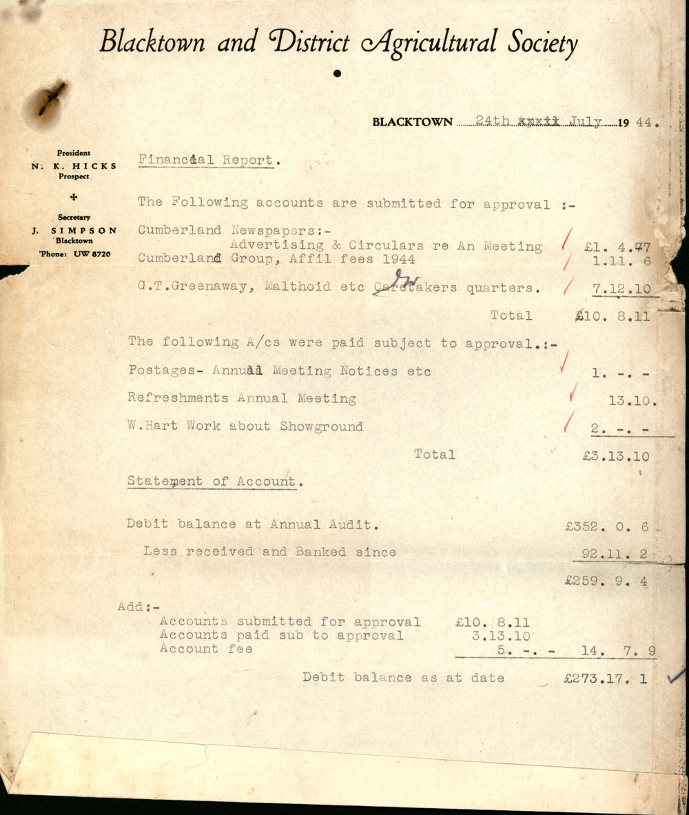 Blacktown and District Agricultural Society Financial Report, July 1944