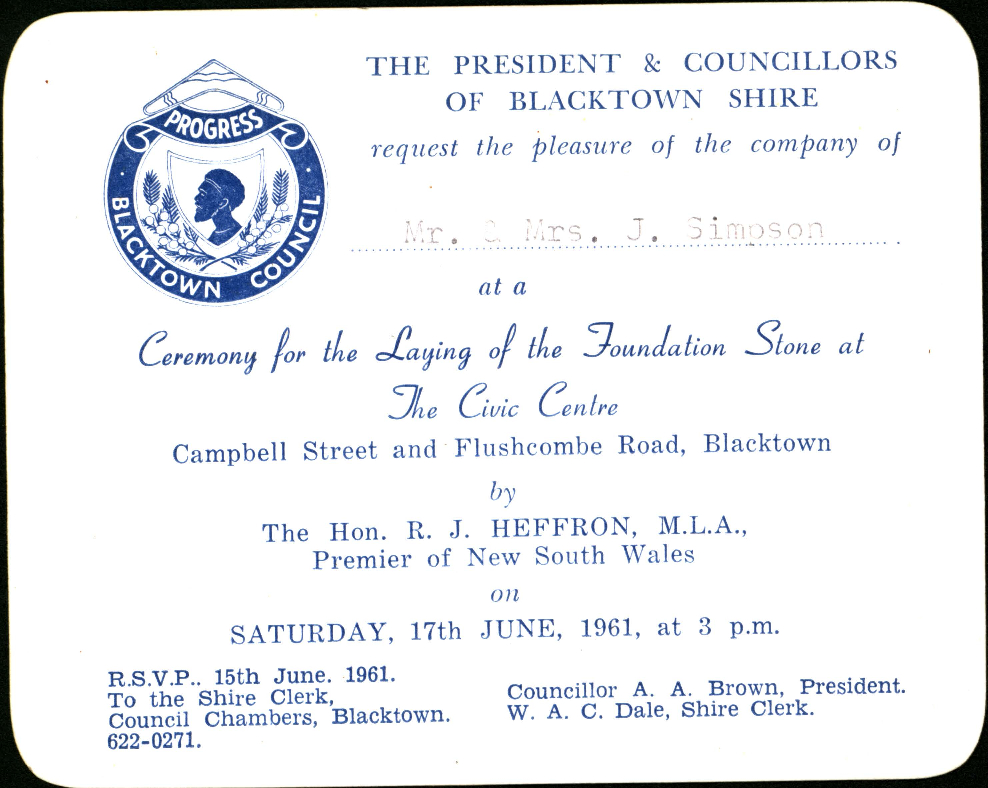 Laying of Blacktown Civic Centre Foundation Stone, 1961