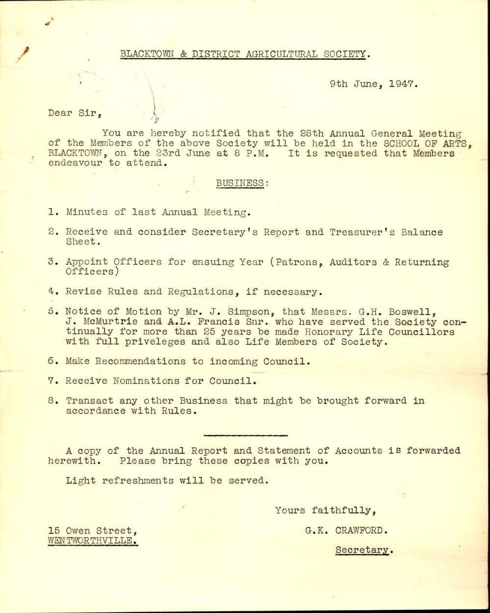 Blacktown &amp; District Agricultural Society, Annual General Meeting, 1947