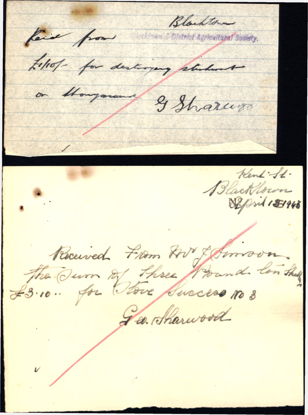 Blacktown and District Agricultural Society - Miscellaneous Receipts, 1945