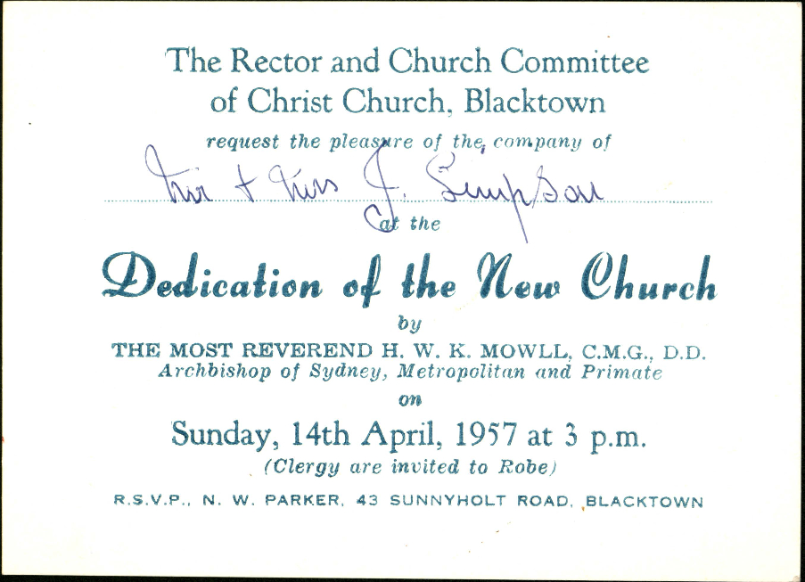 Dedication of Christ Church Anglican Church Blacktown, 1957