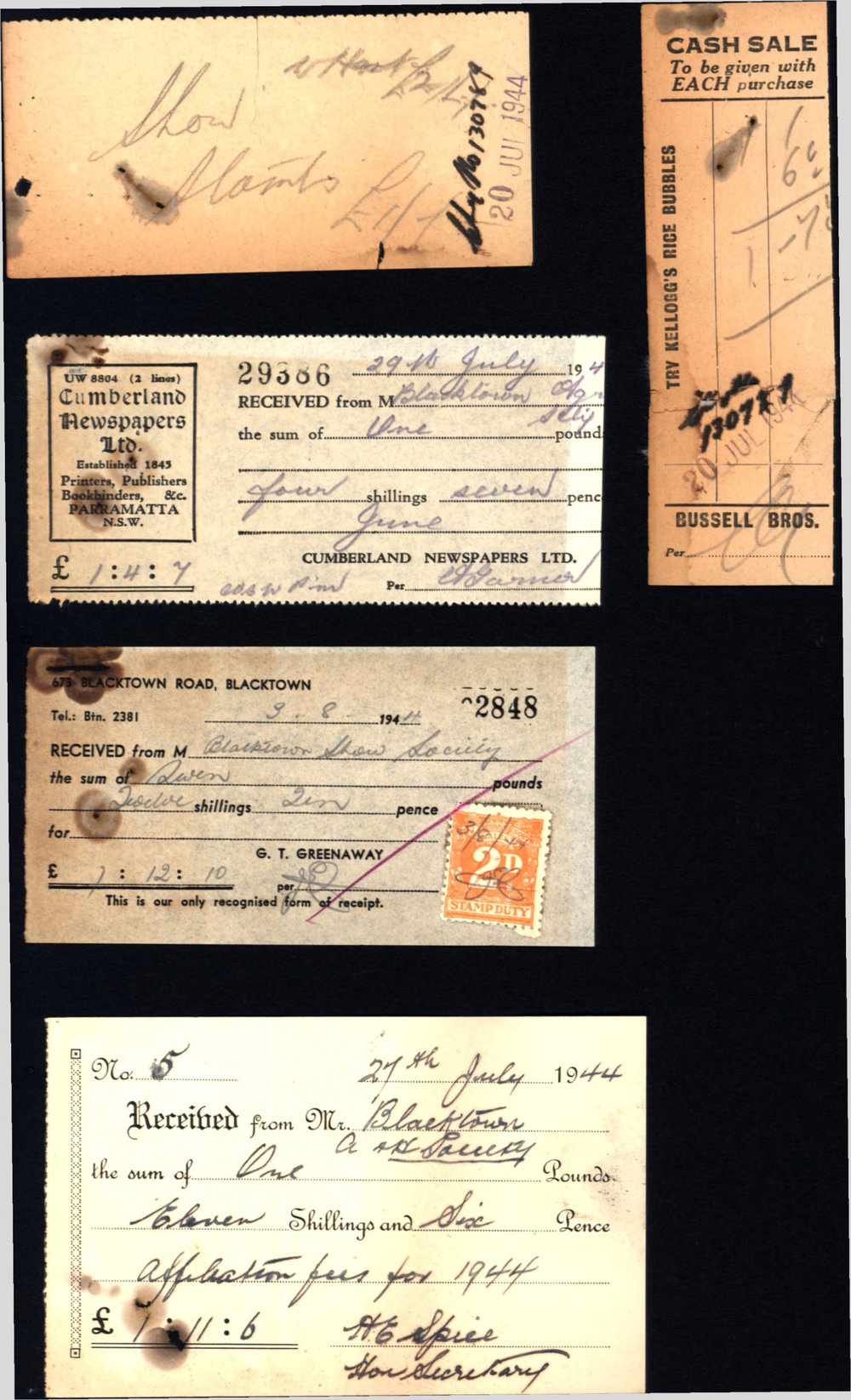 Blacktown and District Agricultural Society - Miscellaneous Receipts, 1944 