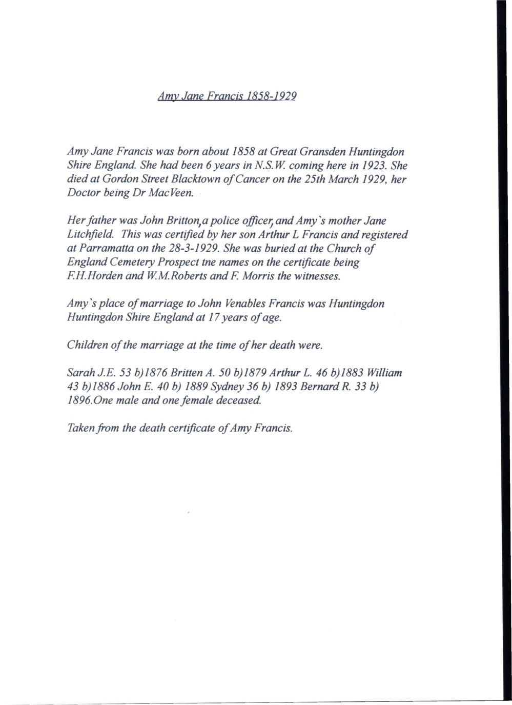 Amy Jane Francis 1858-1929