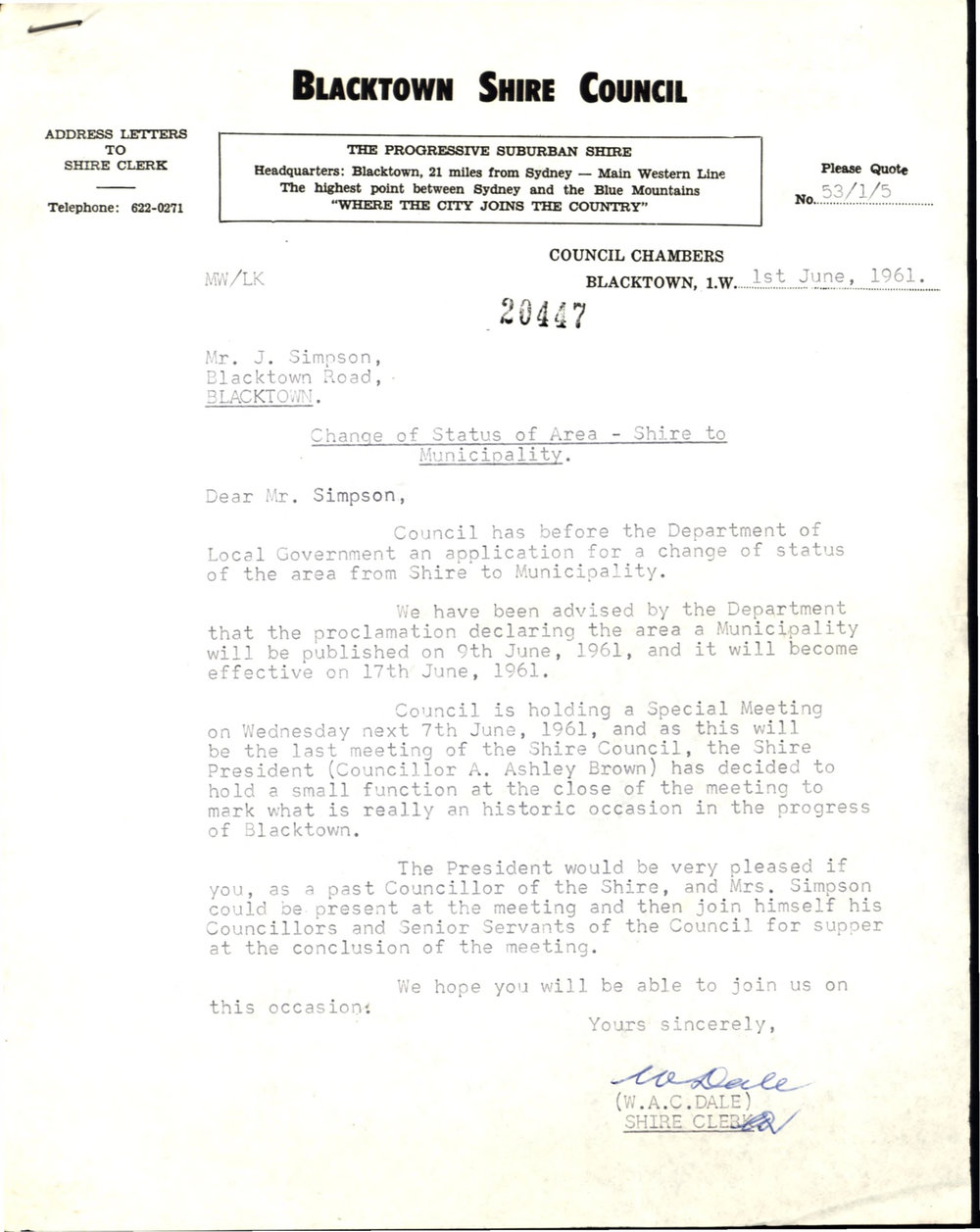 Letter from William Arthur Charles Dale to James Simpson,  June 1961