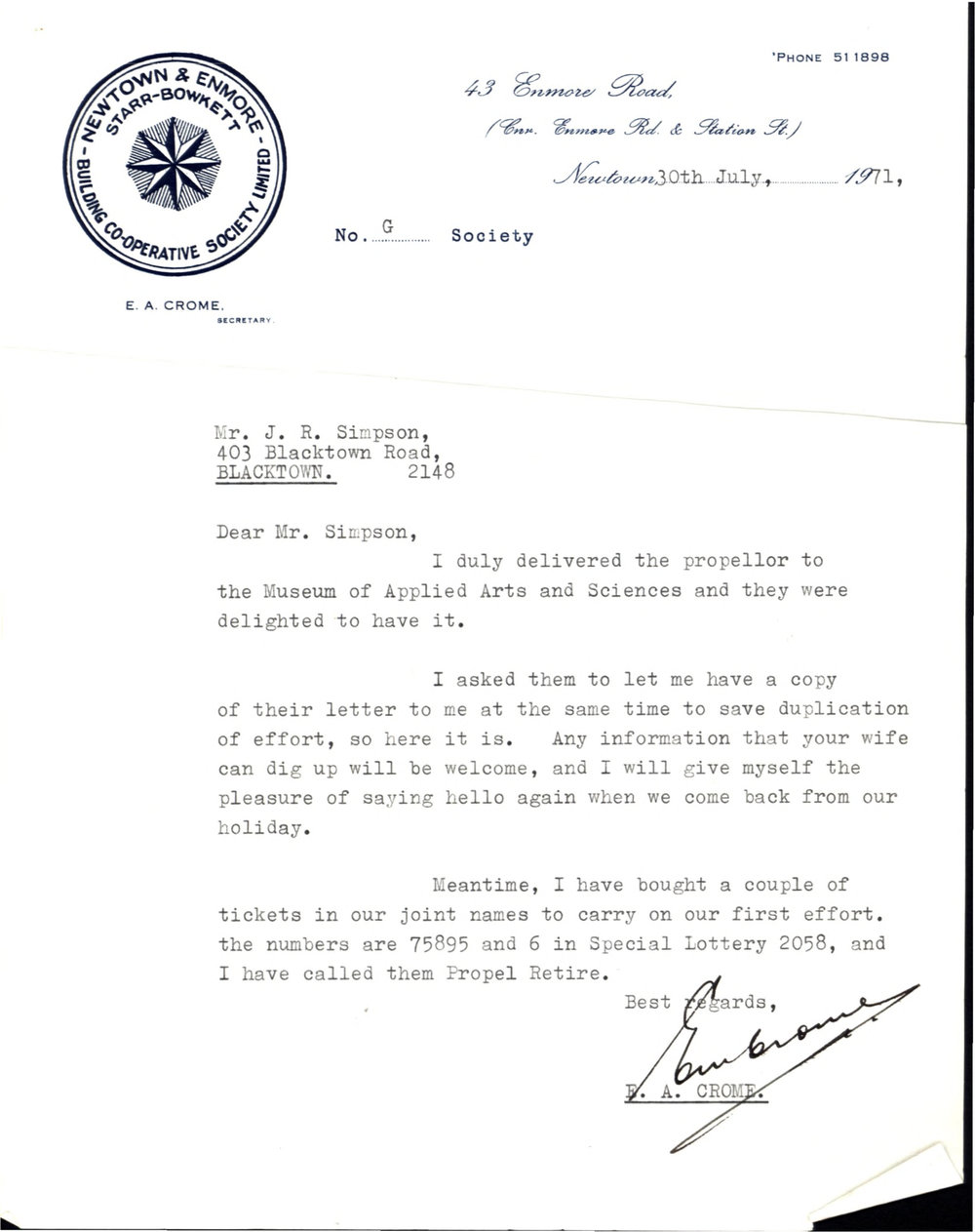 Letter from E A Crome to James Simpson, 1971