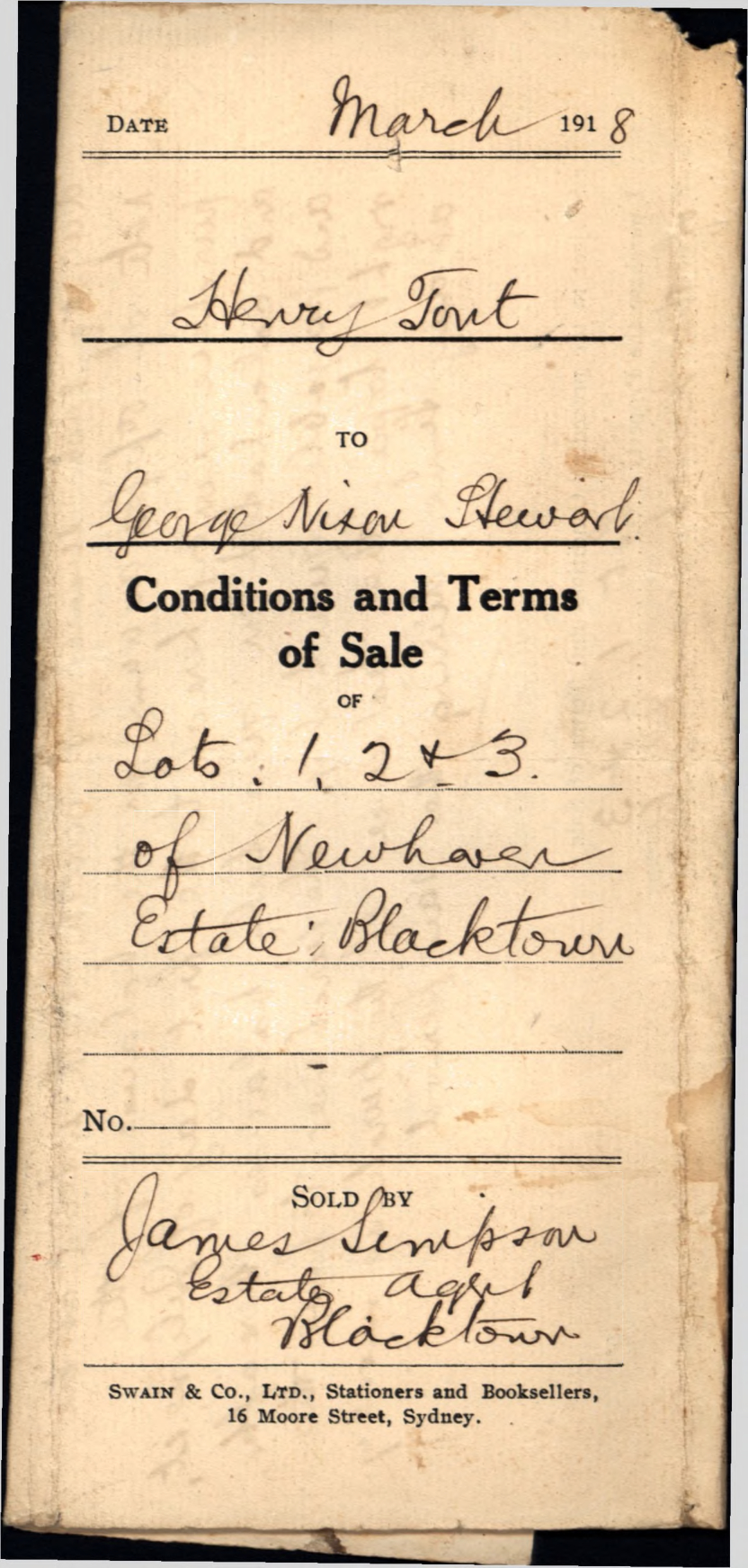 Conditions and Terms of Sale, Lots 1, 2 and 3 Newhaven Estate, Blacktown, 1918