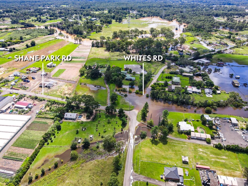 Aerial view of flooding at Shanes Park, 2021