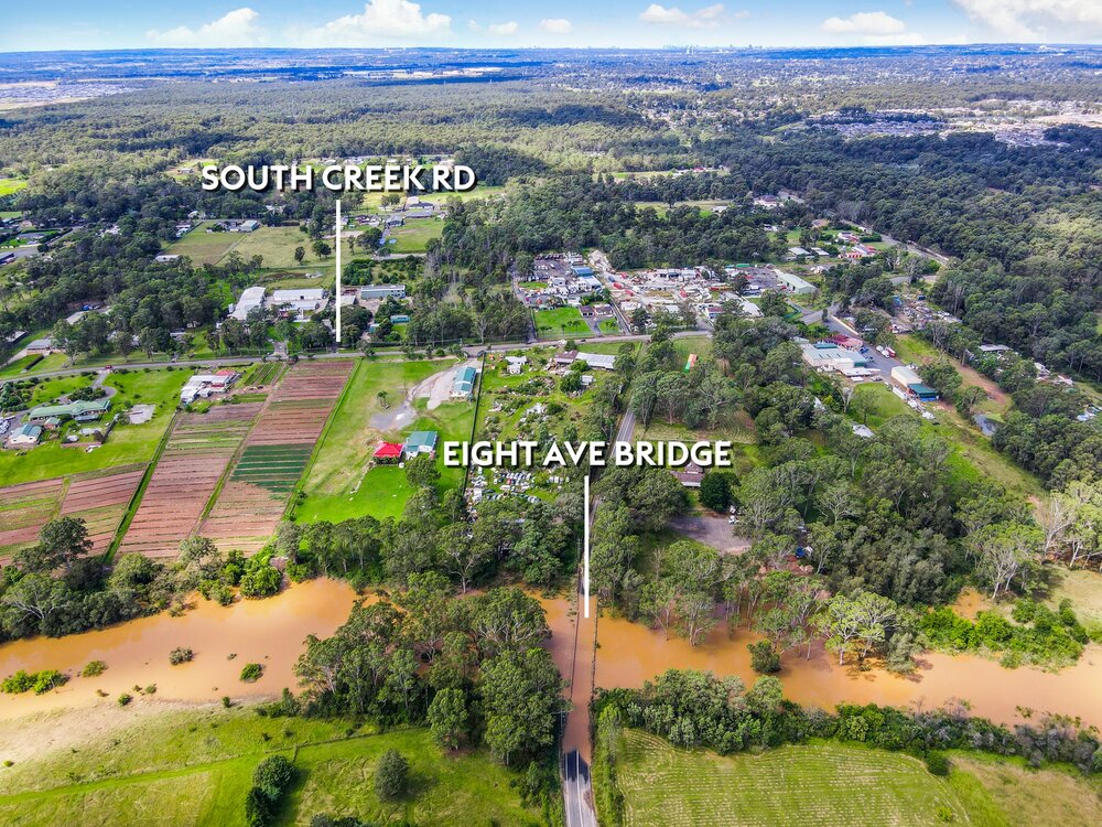 Aerial view of flooding at South Creek Shanes Park, 2021