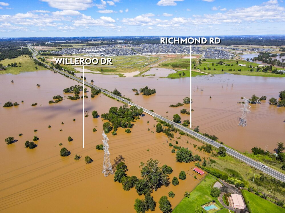 Aerial view of flooding at South Creek Marsden Park, 2021